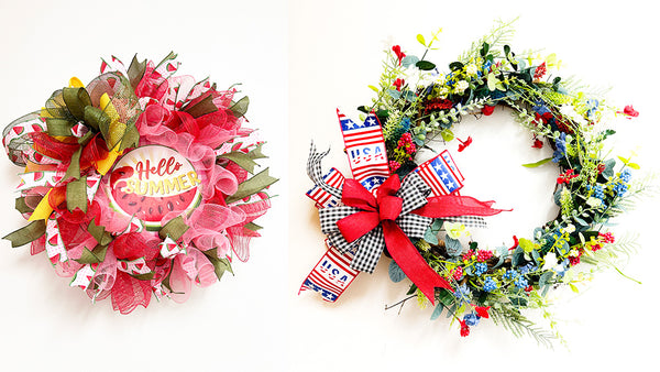 Finished Deco Mesh Ribbon Wreaths Adorned with Accent Signs