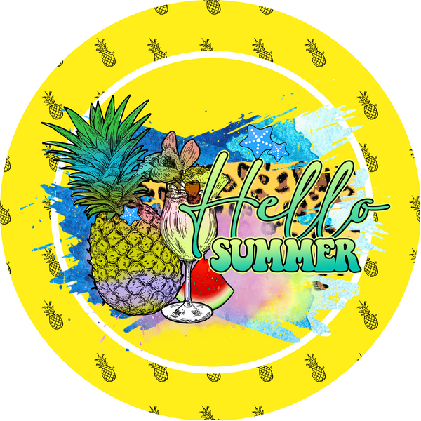 Hello Summer Pineapple Drinks Metal Sign - Made In USA