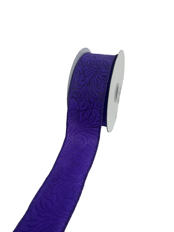 Purple Flower Embossed Wired Ribbon - 1-1/2 Inch x 10 Yards