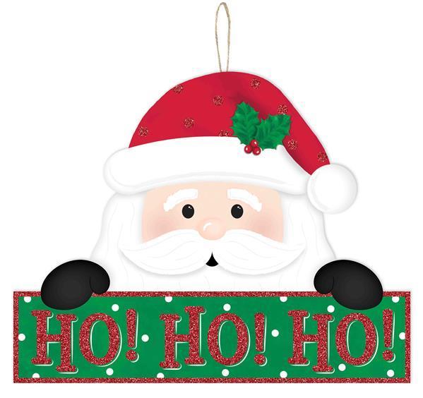 12 Inch X 10 Inch Rectangular Christmas Wood Sign: SANTA HO - HO - HO - Wreath Accents - IMPORTED BBCrafts.com