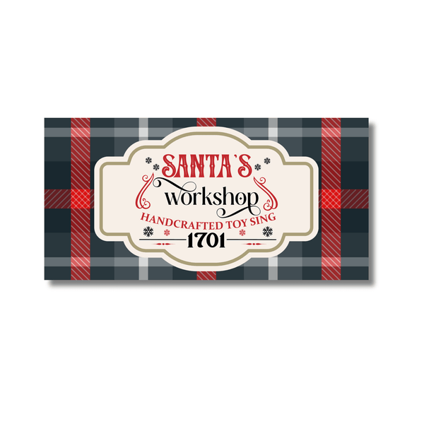 12 Inch X 6 Inch Rectangular Metal Sign: SANTA WORKSHOP - Wreath Accents - Made In USA BBCrafts.com