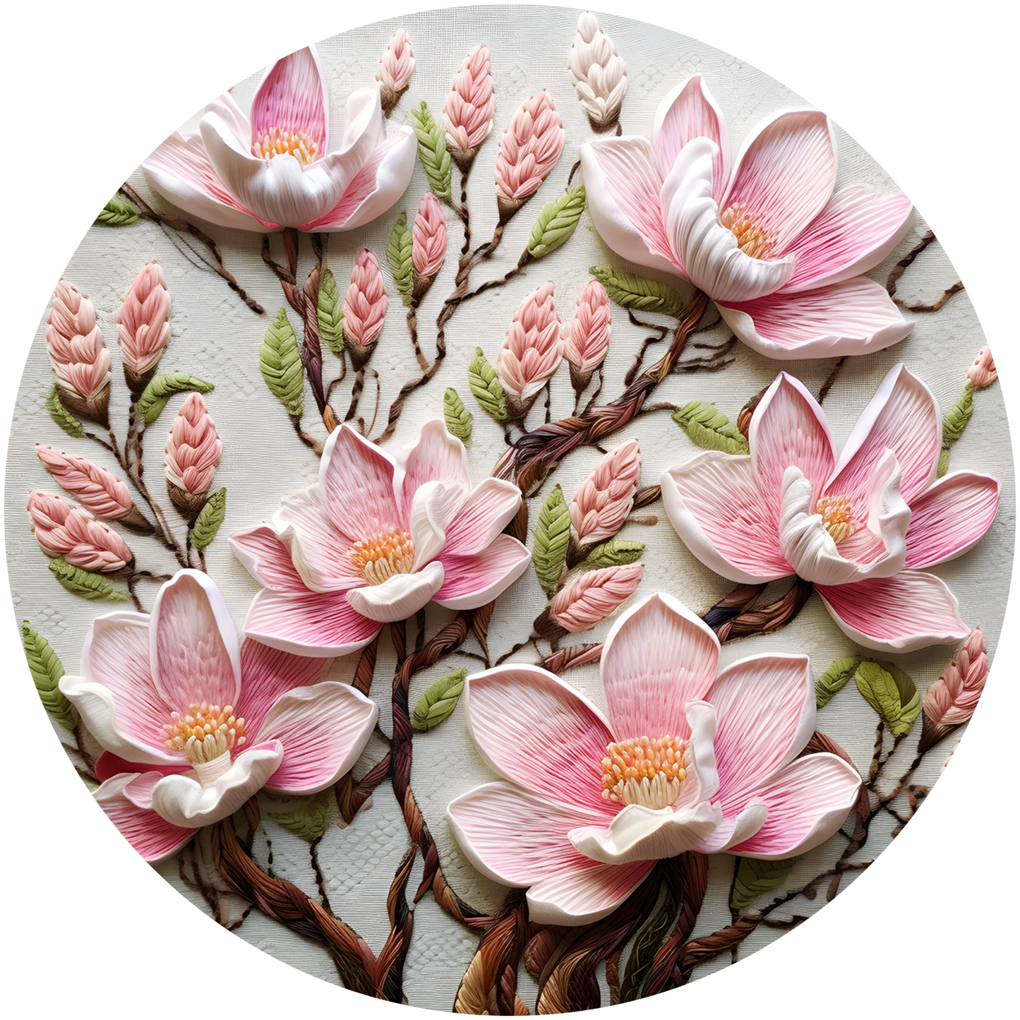 Elegant Pink Blooms Embroidered Flower Metal / Vinyl Sign - Made in USA