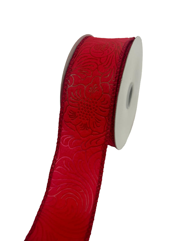 Red Flower Embossed Wired Ribbon - 1-1/2 Inch x 10 Yards