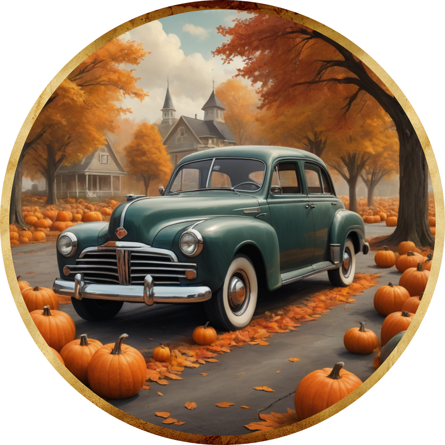 Vintage Car and Pumpkins Metal / Vinyl Sign - Made in USA