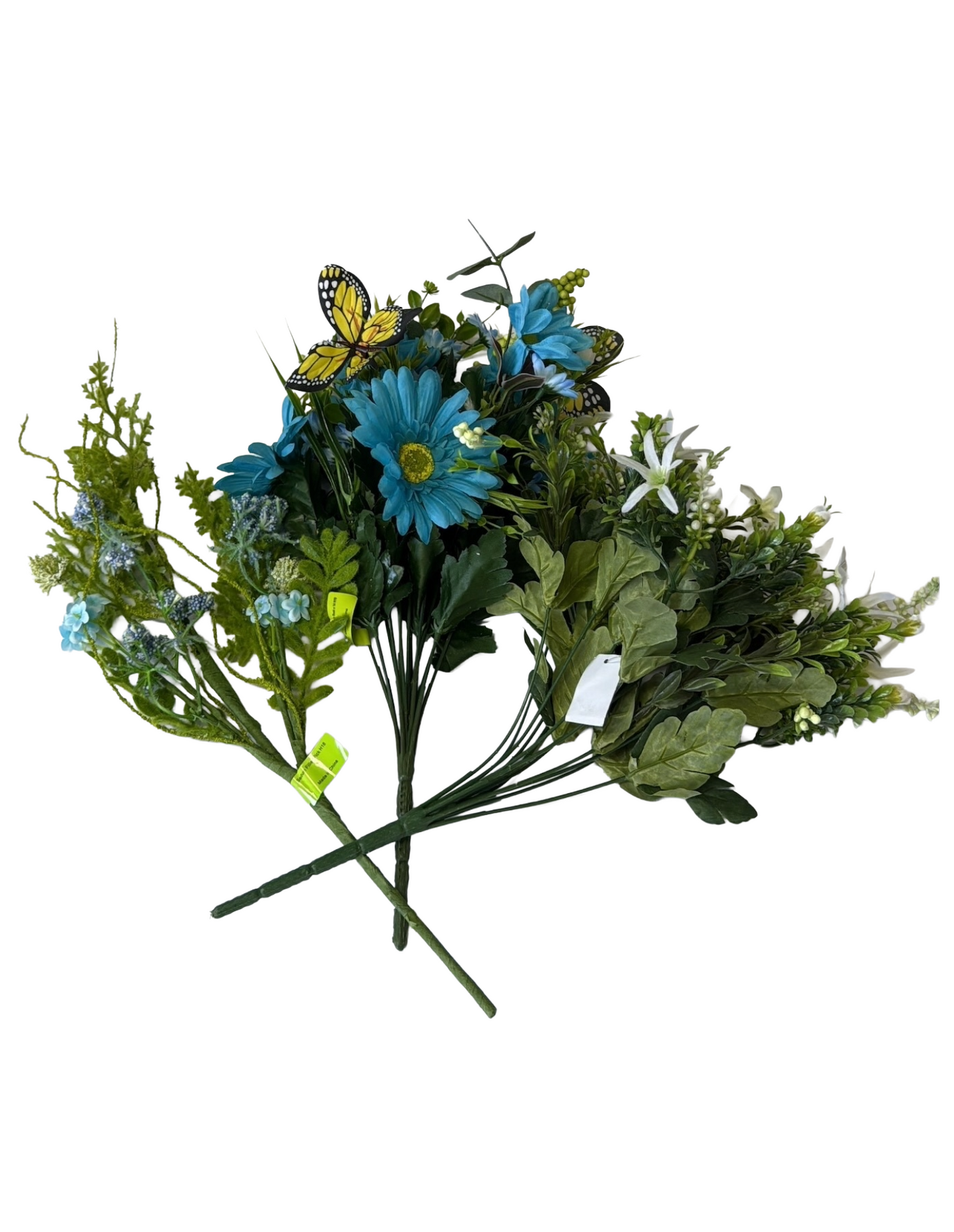 Artificial Floral Stems – 17.5" Cream Lavender Mini Flower, 19" Blue Gerber Daisy Butterfly Bush (14 Stems), 18" Blue Sedum Filler Pick - Set of 3