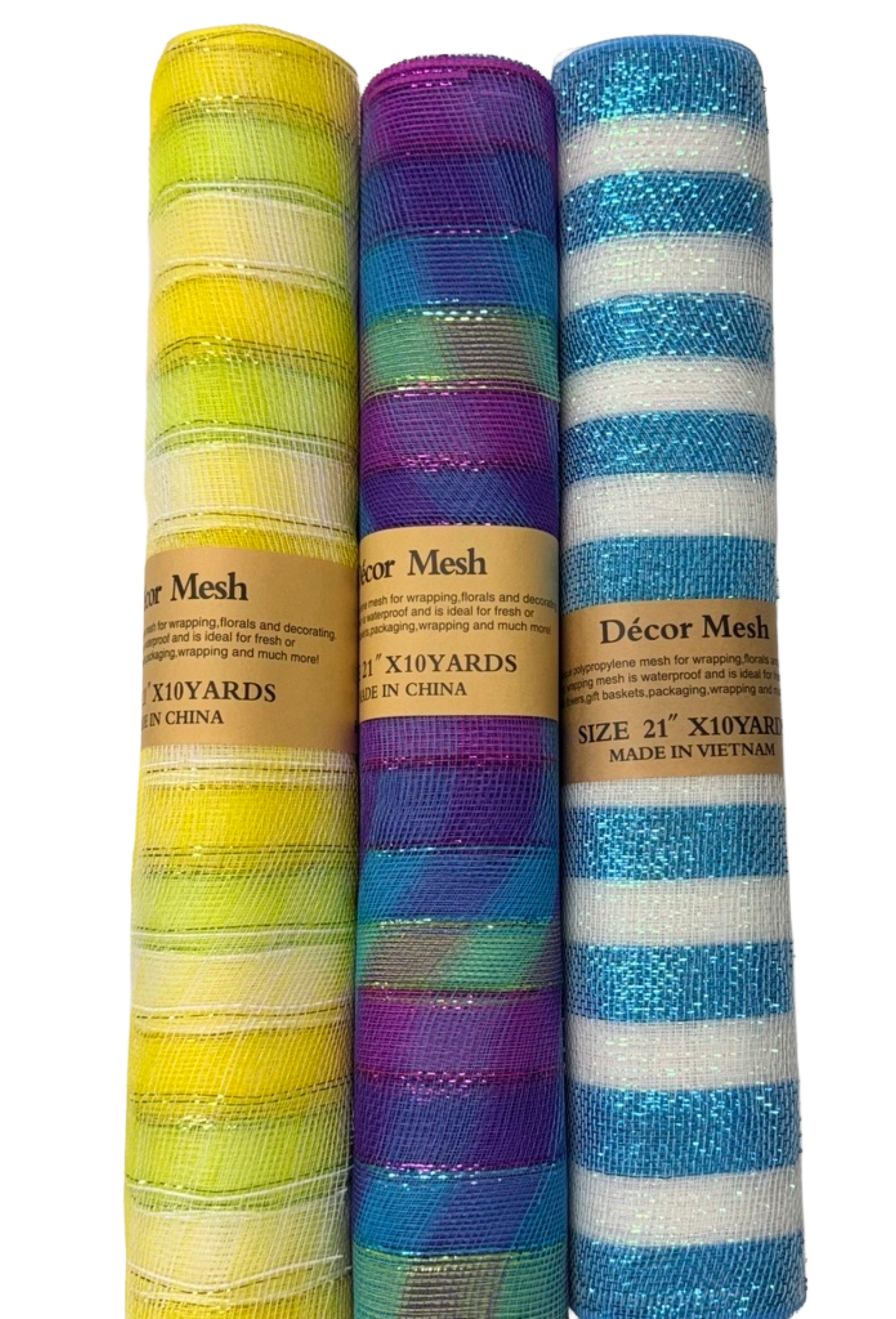 21 Inch x 10 Yards - Poly Deco Mesh with Laser Mono Stripe - Mermaid, Citrus & Blue with White - Pack of 3