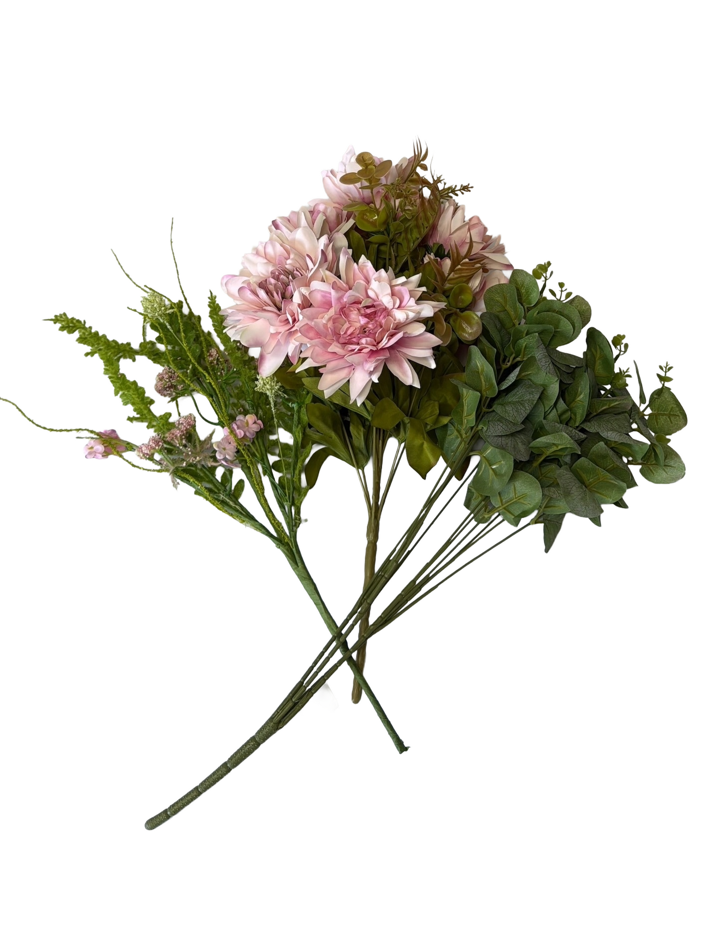 Artificial Floral Stems – 20" Eucalyptus Bush (4 Stems), 19" Mauve/Pink Mixed Flower Bush (11 Stems), 18" Pink Sedum Filler Pick - Set of 3