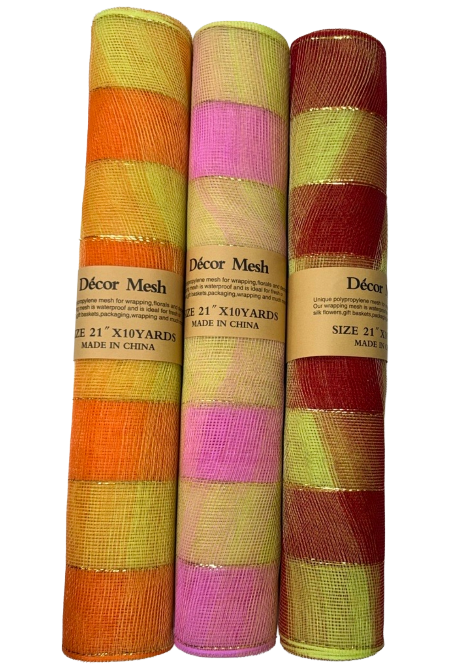 21 Inch x 10 Yards - Deco Mesh Two Color Design - Orange Green, Pink Green & Red Green - Pack of 3