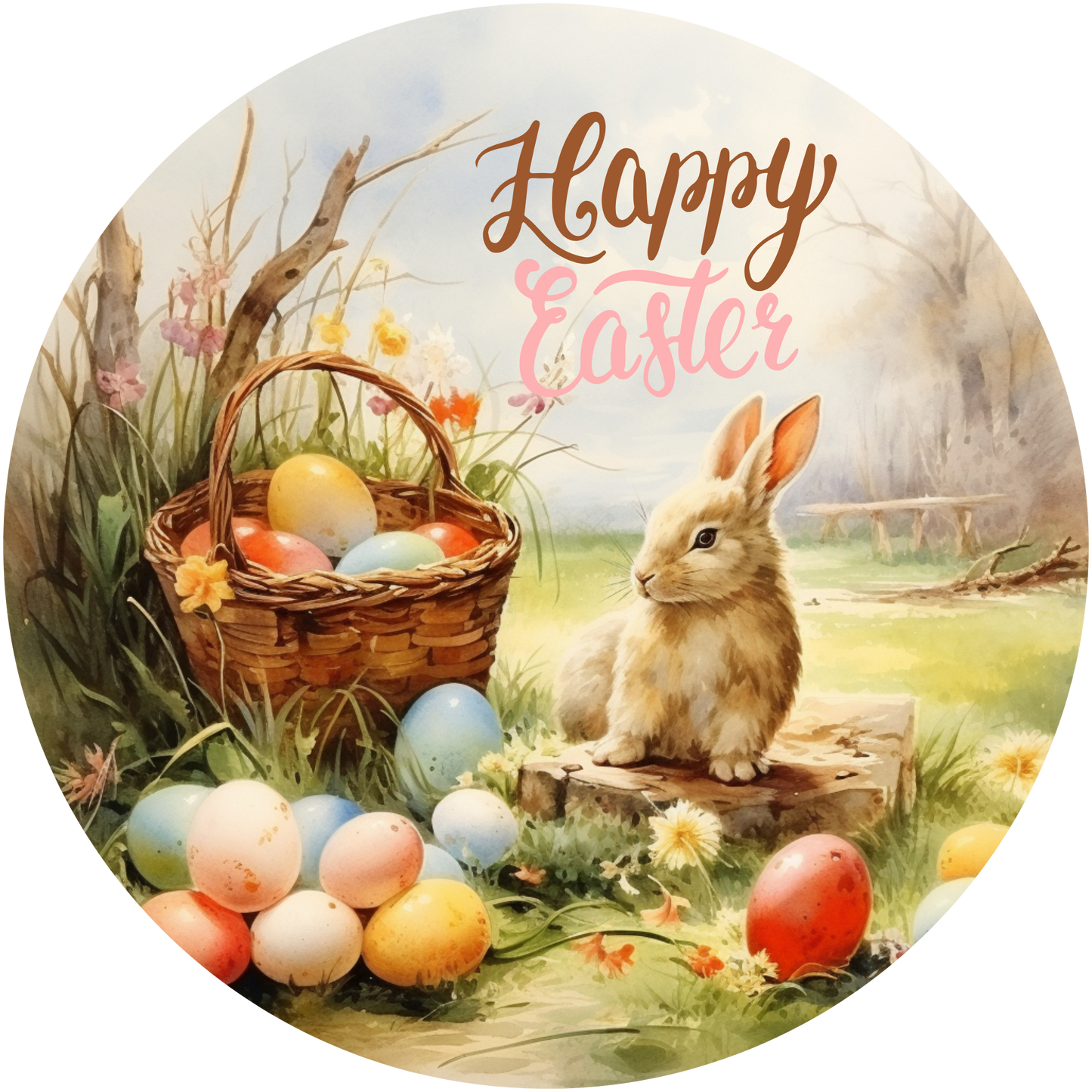 Happy Easter Bunny & Colorful Eggs Metal / Vinyl Sign - Made in USA