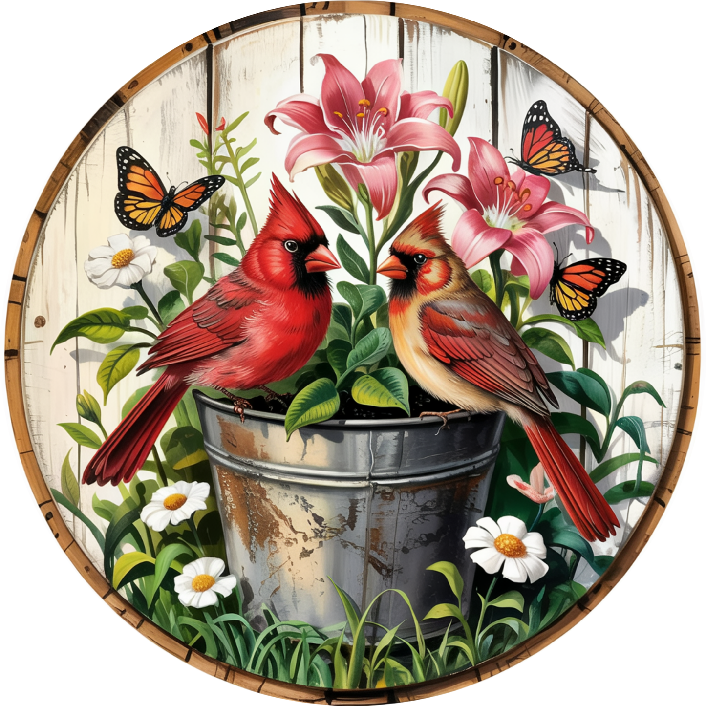 Cardinal Couple in Flower Pot Metal / Vinyl Sign - Made In USA