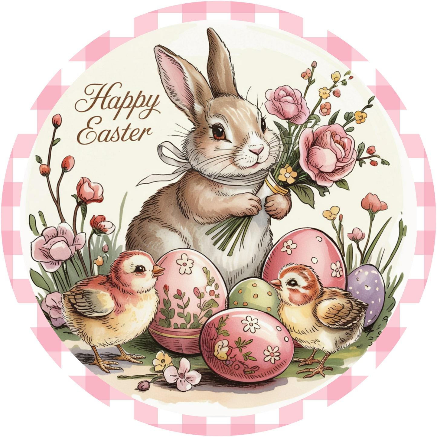 Happy Easter Bunny with Chicks and Eggs Metal / Vinyl Sign - Made In USA