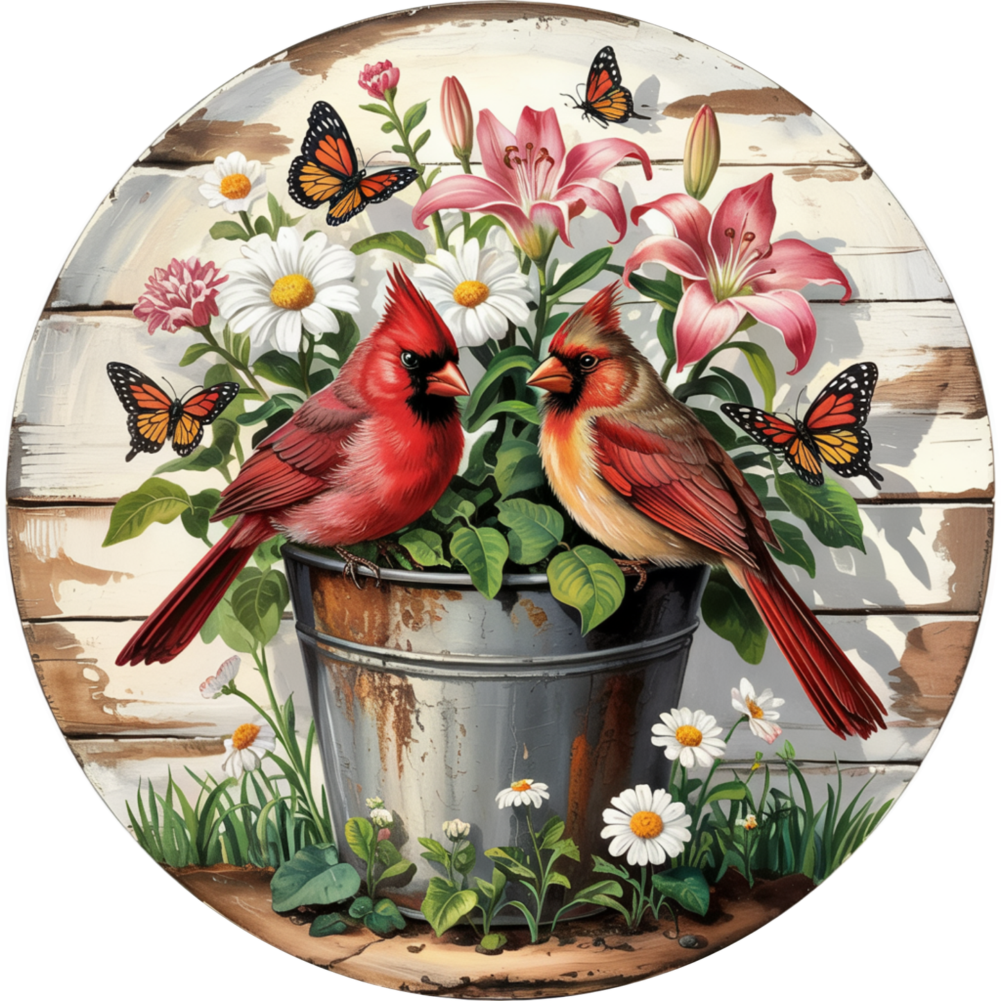 Cardinal Couple in Bucket with Lilies and Butterflies Metal / Vinyl Sign - Made In USA