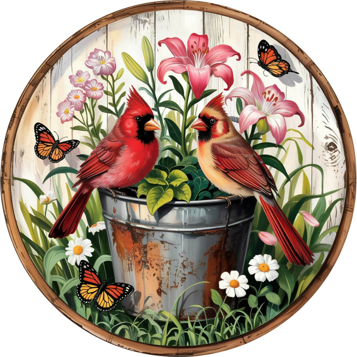 Cardinal Couple in Bucket with Lilies and Butterflies Metal / Vinyl Sign - Made In USA