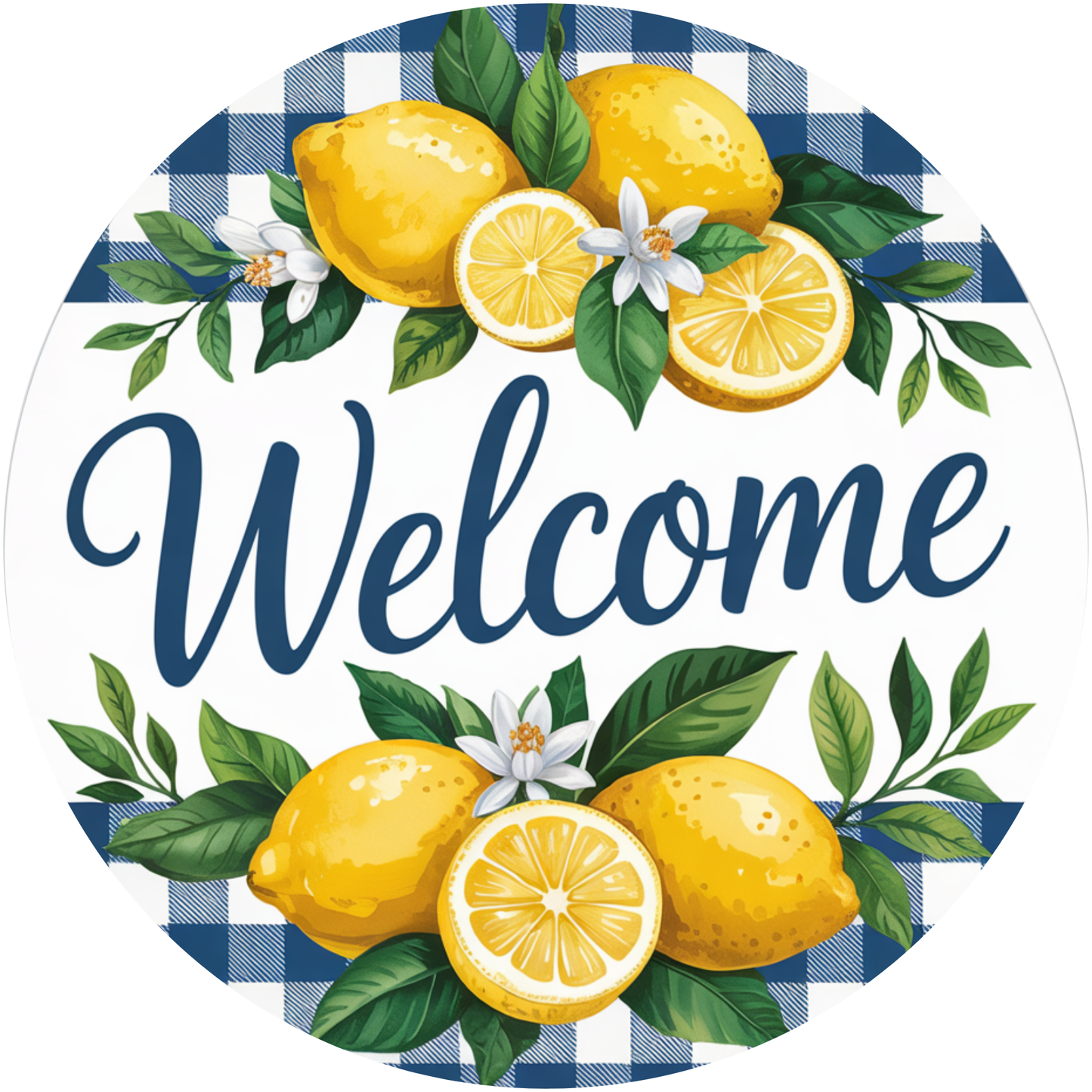 Welcome Lemon Blue Check Metal / Vinyl Sign - Made In USA