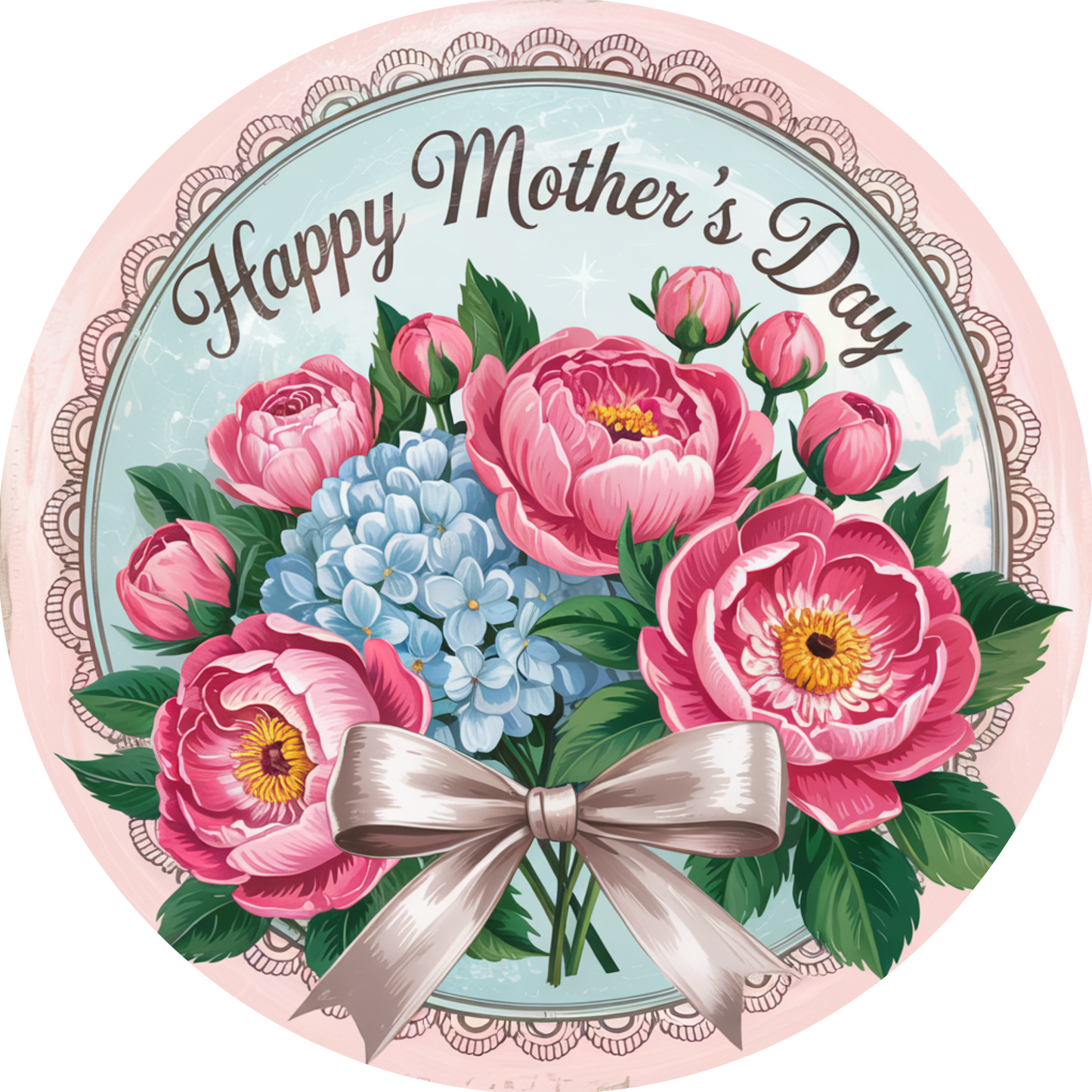 Happy Mother's Day Peonies, Hydrangeas, and Lace Metal / Vinyl Sign - Made In USA