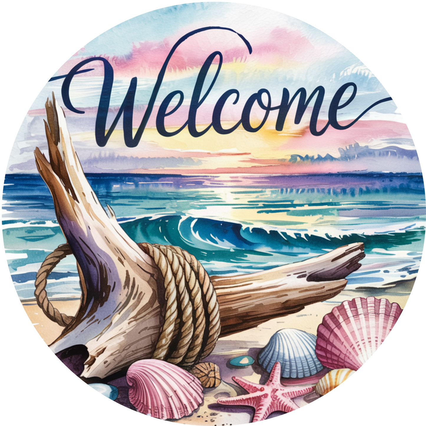 Beach Welcome with Driftwood and Starfish Metal / Vinyl Sign - Made In USA