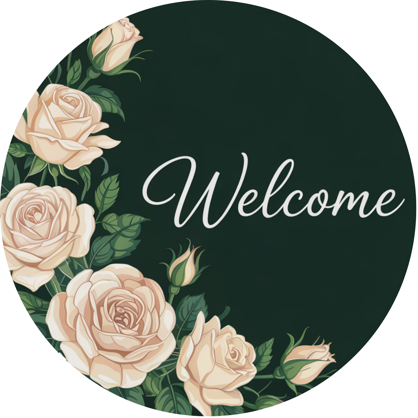 Welcome with Cream Roses on Dark Green Metal / Vinyl Sign - Made In USA