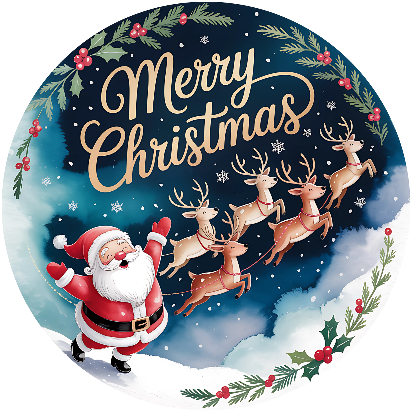 Merry Christmas Santa Claus with Reindeer Sleigh Metal / Vinyl Sign - Made in USA