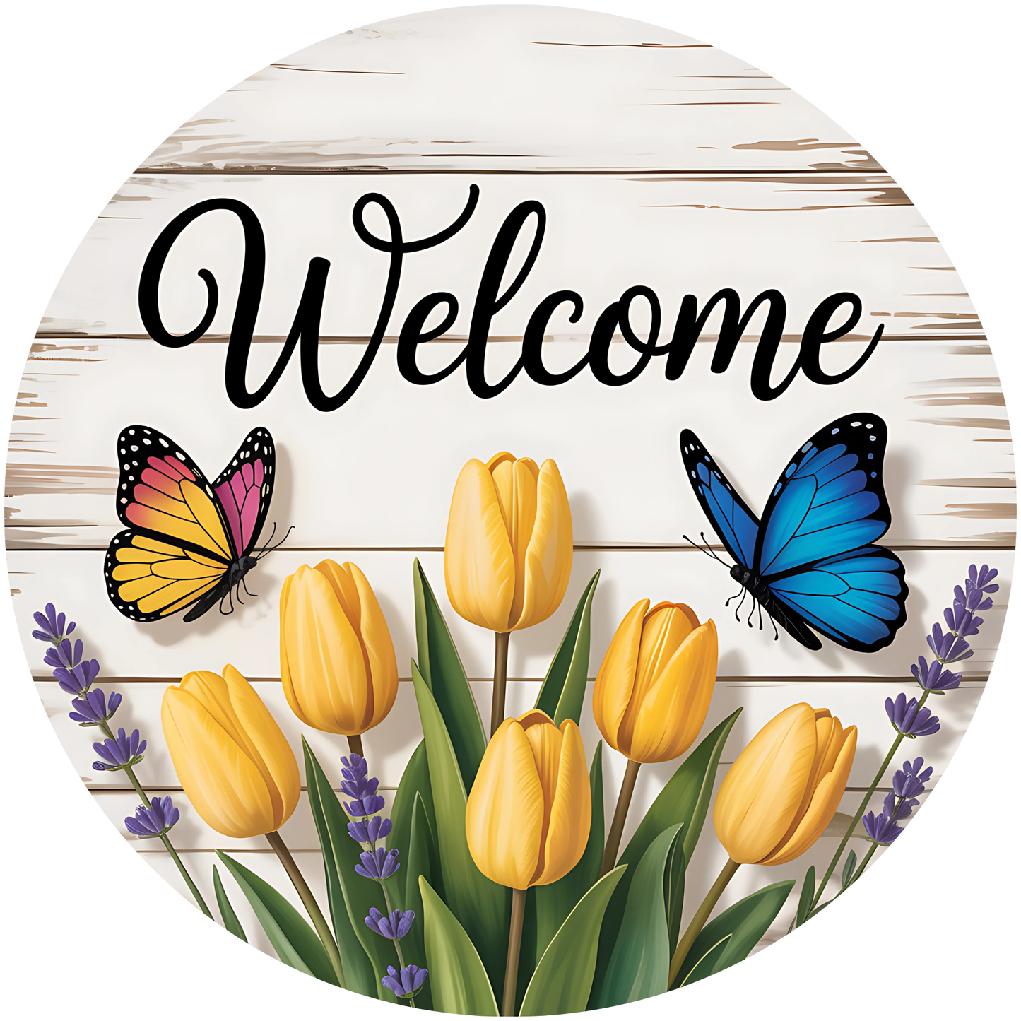 Welcome Spring Tulips and Butterflies Metal / Vinyl Sign - Made in USA