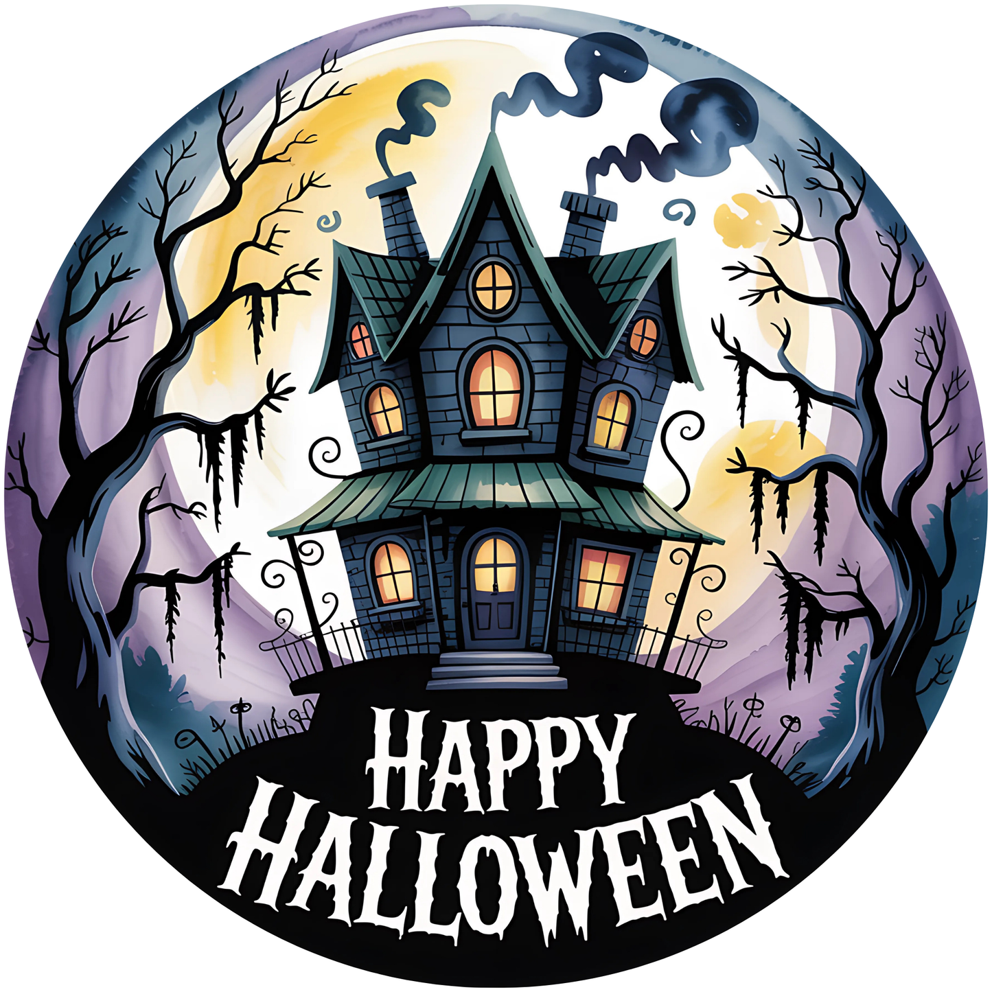 Happy Halloween Haunted House and Spooky Trees Metal / Vinyl Sign - Made in USA