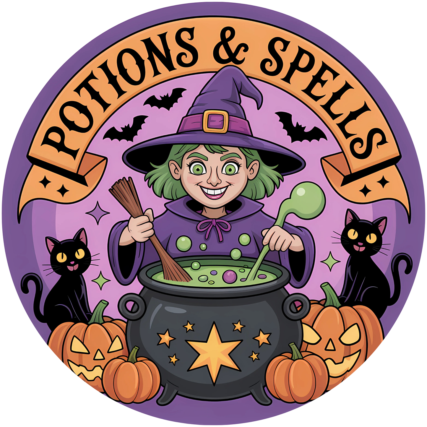 Potions & Spells Halloween Witch with Cauldron and Black Cats Metal / Vinyl Sign - Made in USA