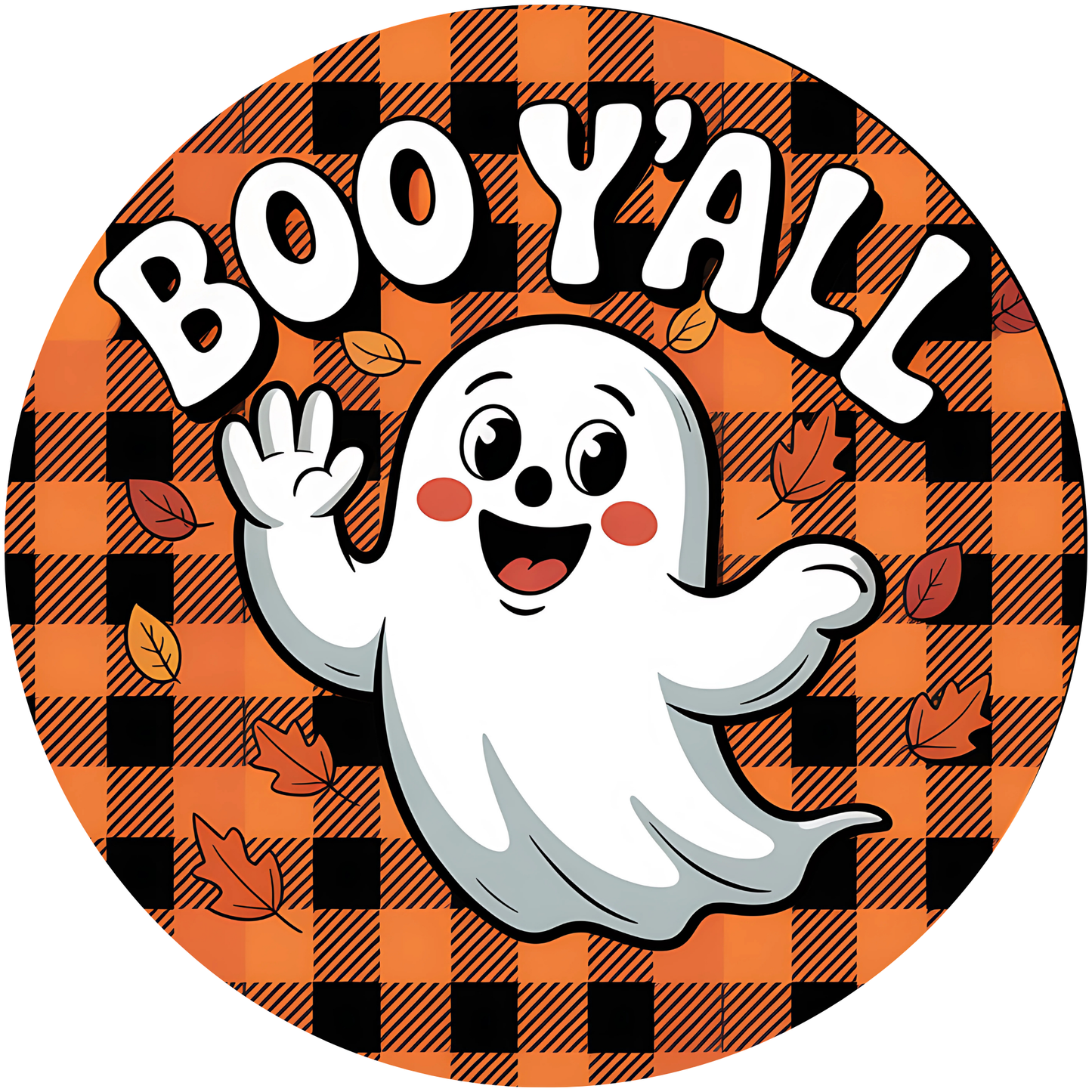 Boo Y'all Halloween Ghost with Plaid Background Metal / Vinyl Sign - Made in USA