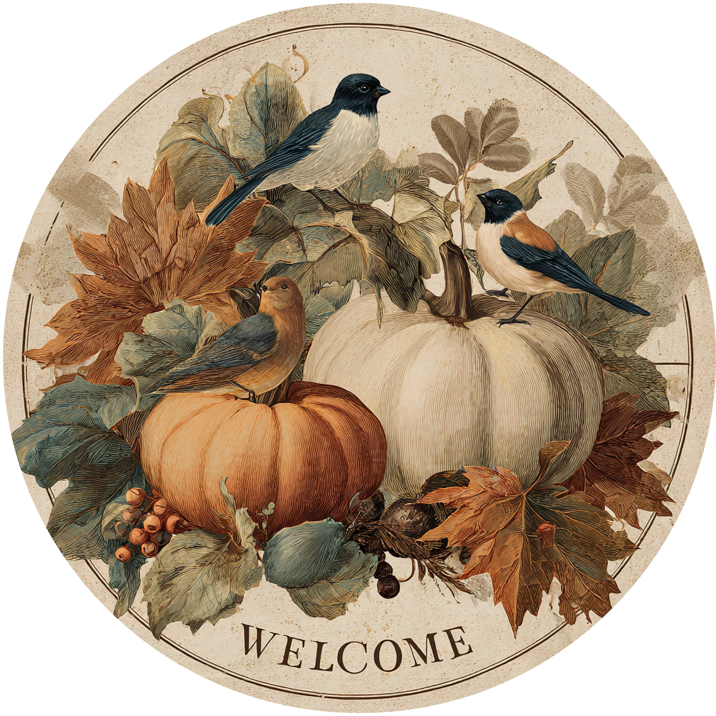 Autumn Harvest Birds on Pumpkins Metal / Vinyl Sign - Made in USA