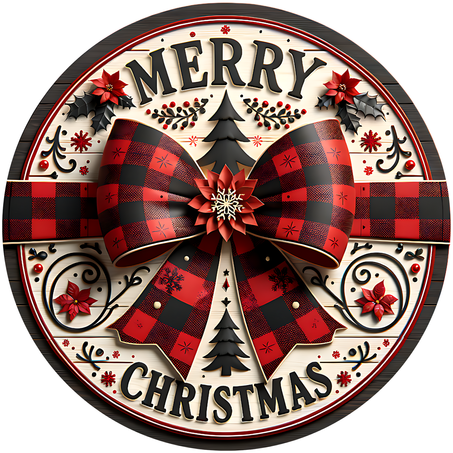 Rustic Buffalo Plaid Bow Merry Christmas Accent Sign - Made in USA