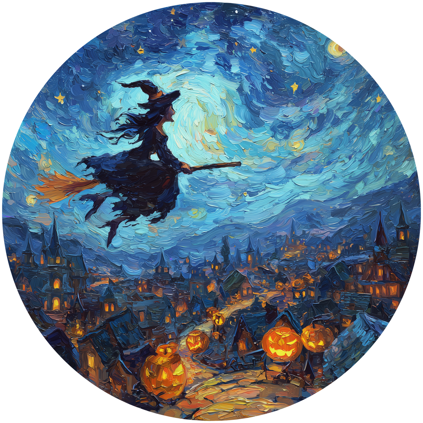 Halloween Night Witch Flying Over Pumpkin Town Accent Sign - Made in USA