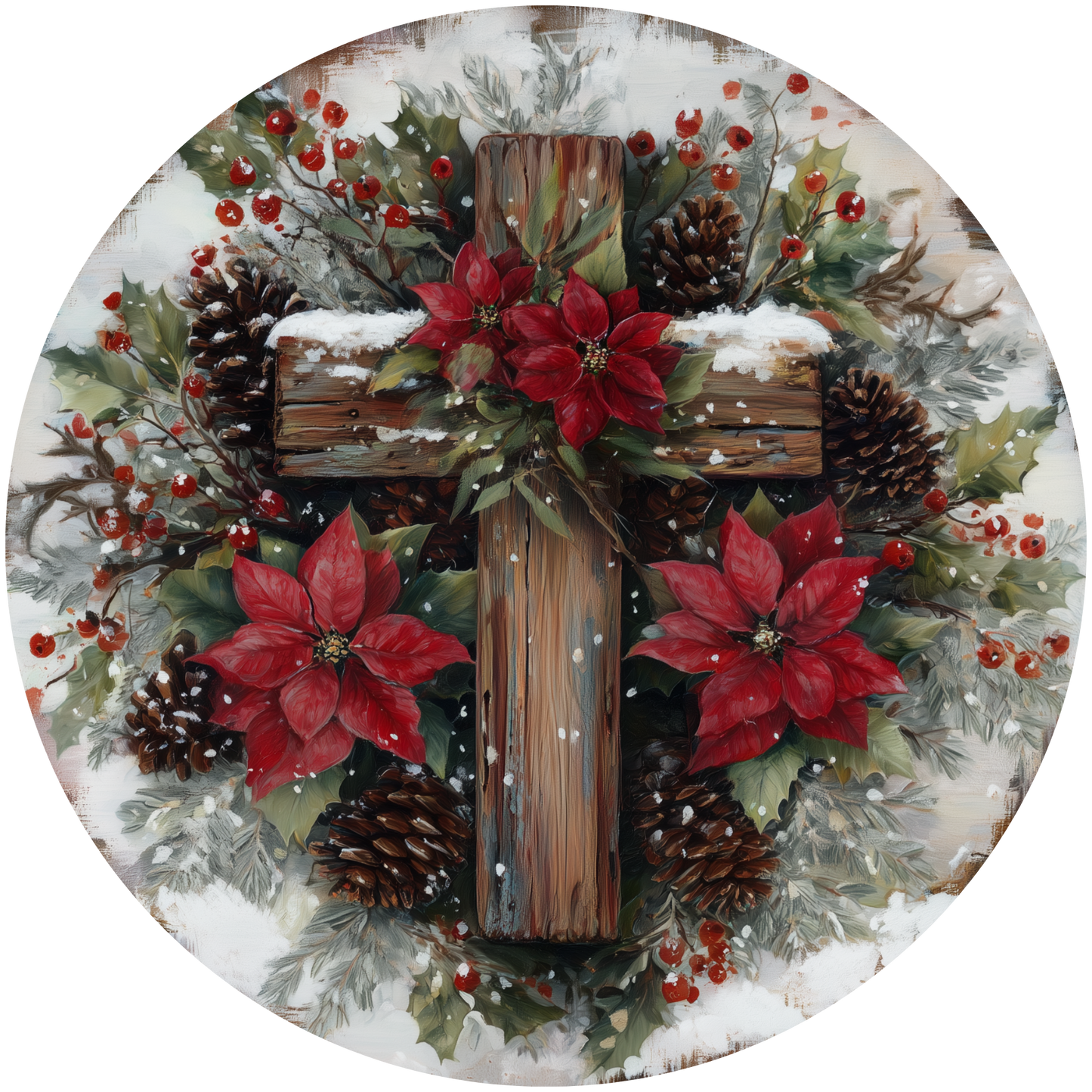 Christmas Cross with Poinsettias and Pinecones Accent Sign - Made in USA