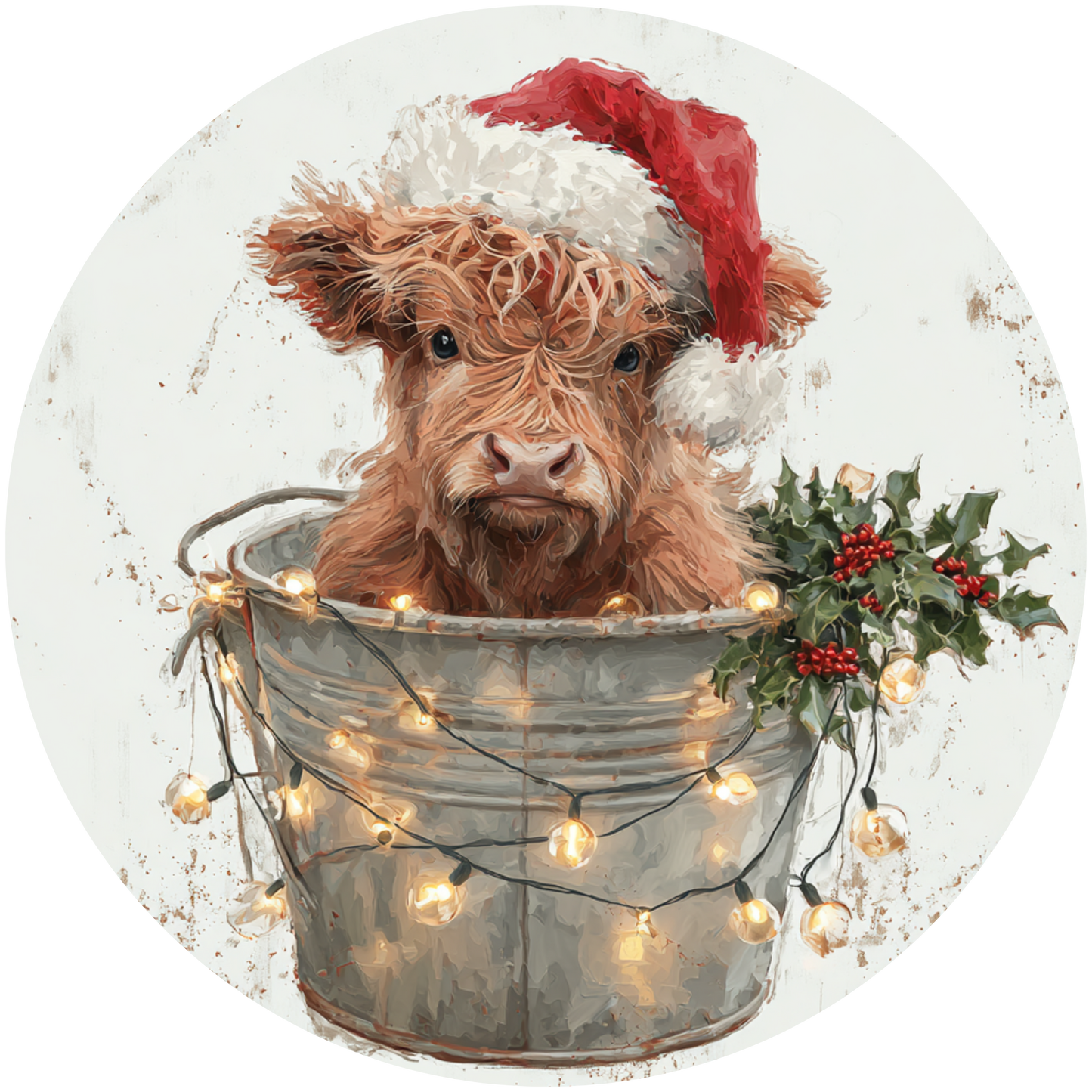 Christmas Highland Cow in Bucket with Santa Hat and Lights Accent Sign - Made in USA