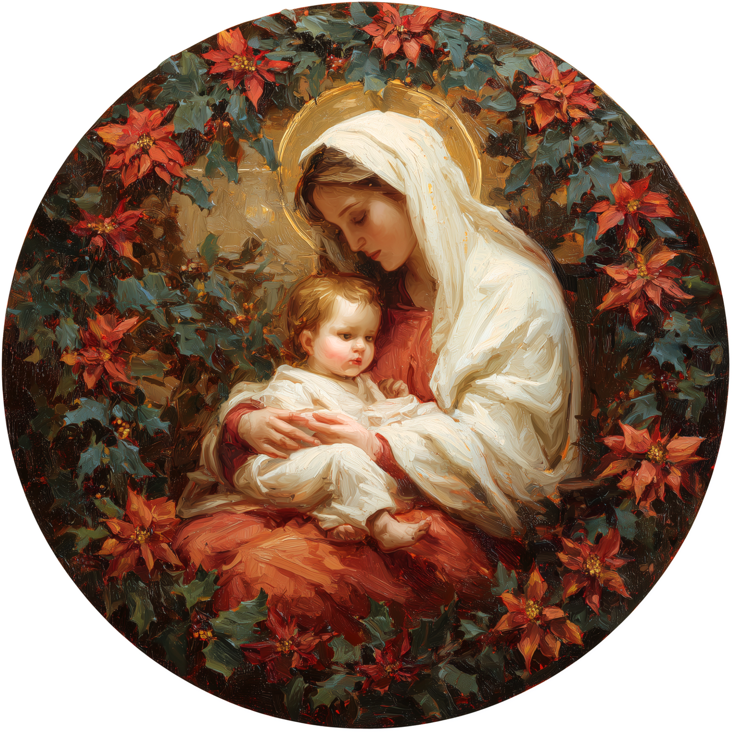 Madonna and Child Surrounded by Christmas Poinsettias Accent Sign - Made in USA