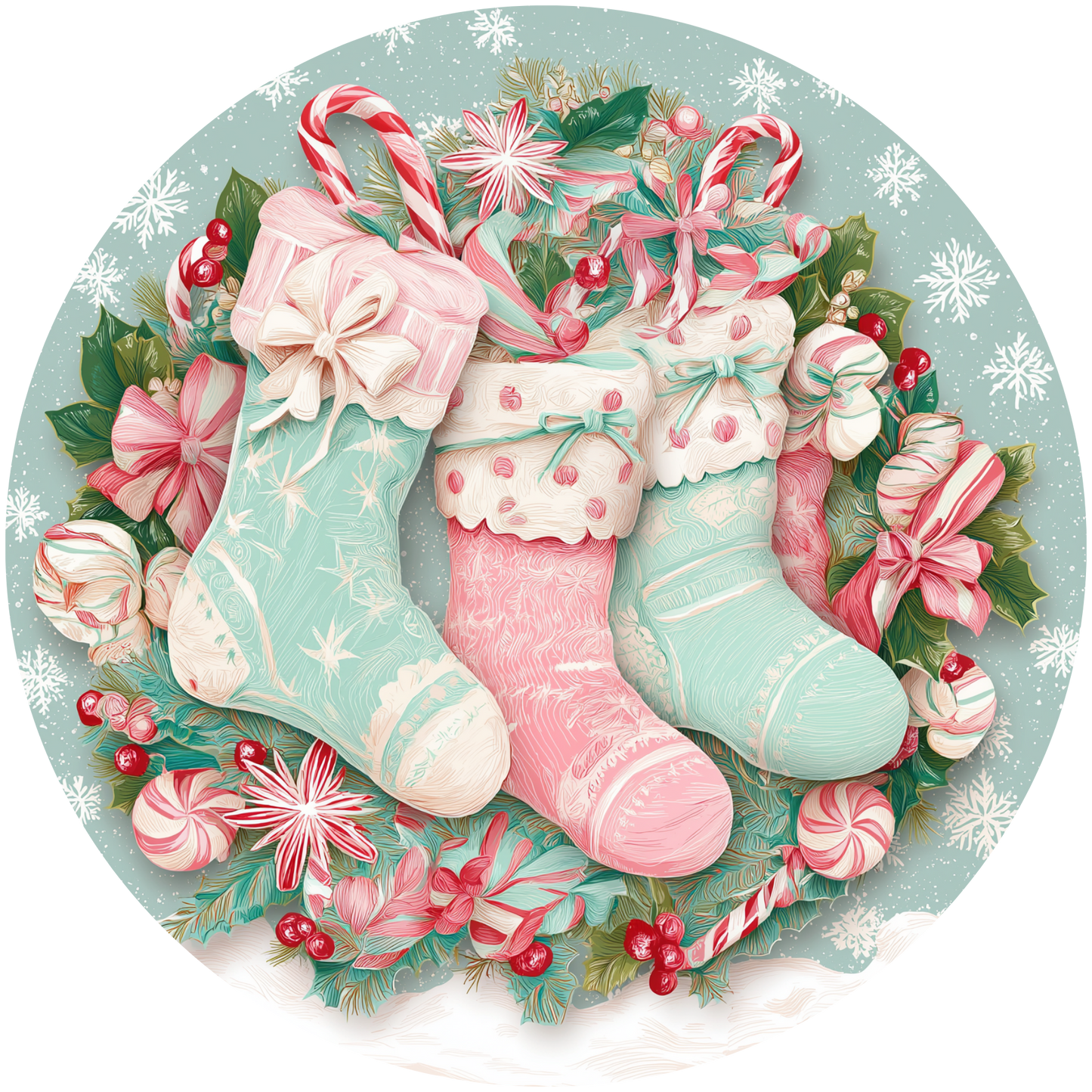 Christmas Stockings with Gifts and Holly Accent Sign - Made in USA