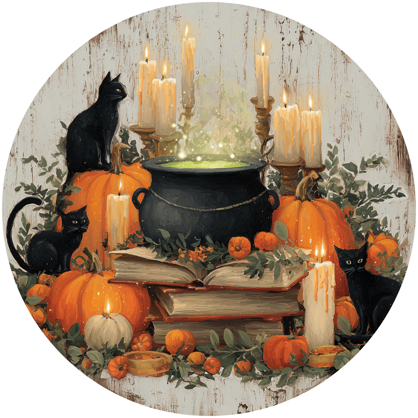 Halloween Still Life with Black Cats and Cauldron Accent Sign - Made in USA