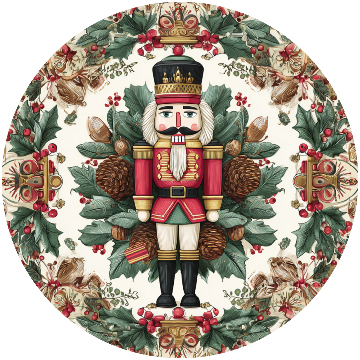 Nutcracker surrounded by Holly and Pinecones Accent Sign - Made in USA