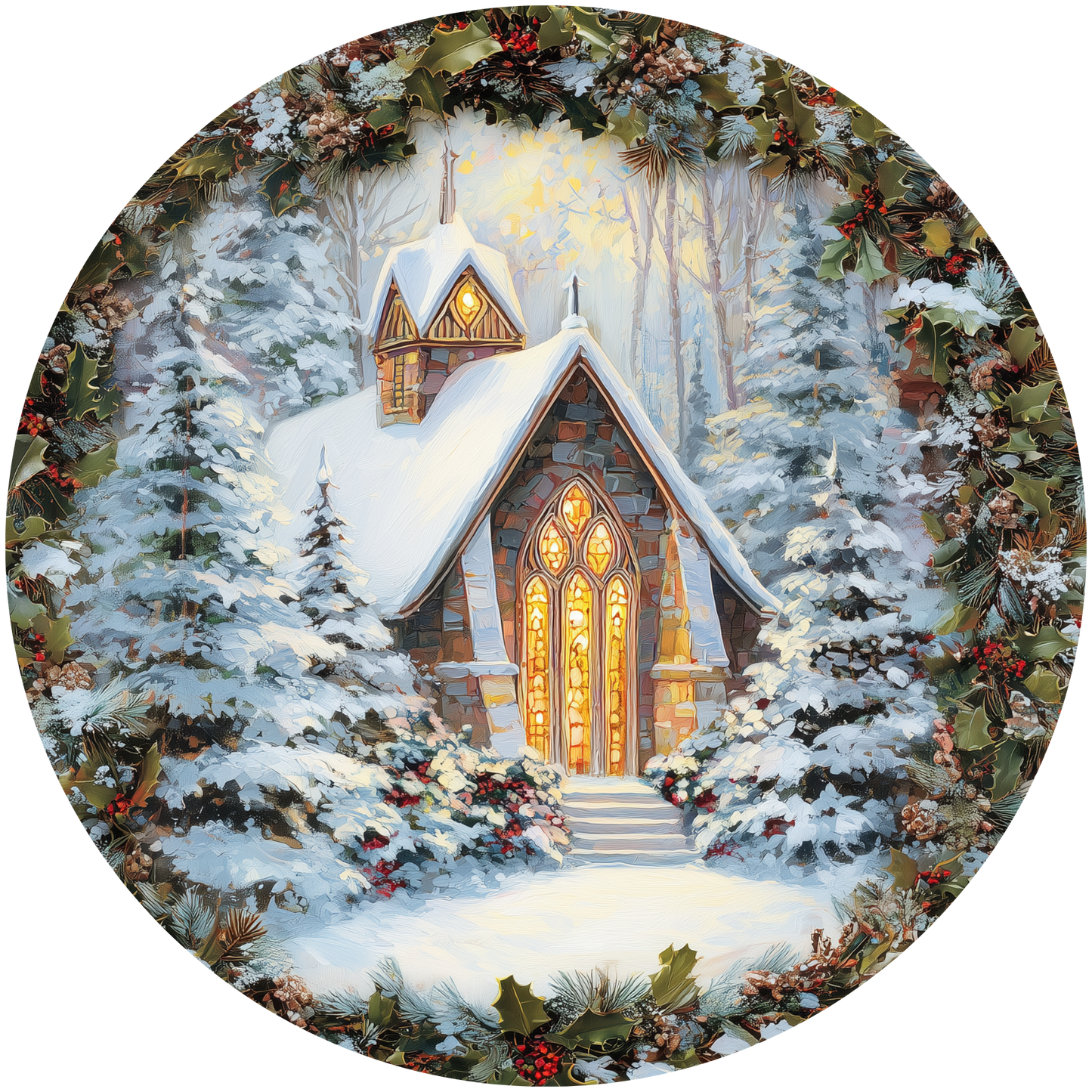 Snowy Church framed by Holly Accent Sign - Made in USA