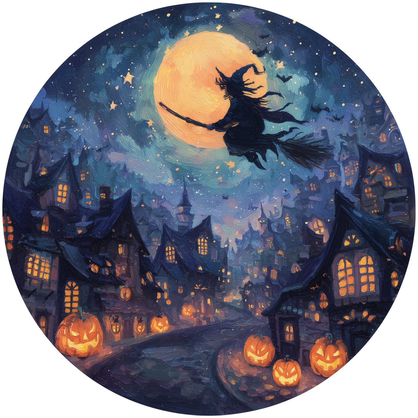 Witch Flying Over a Spooky Village Accent Sign - Made in USA
