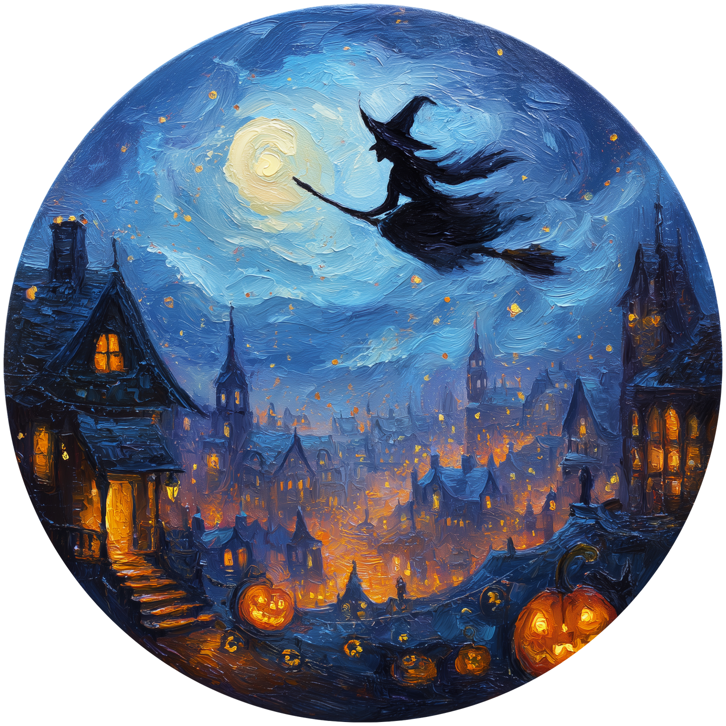Witch Flying Over a Spooky Village Accent Sign - Made in USA
