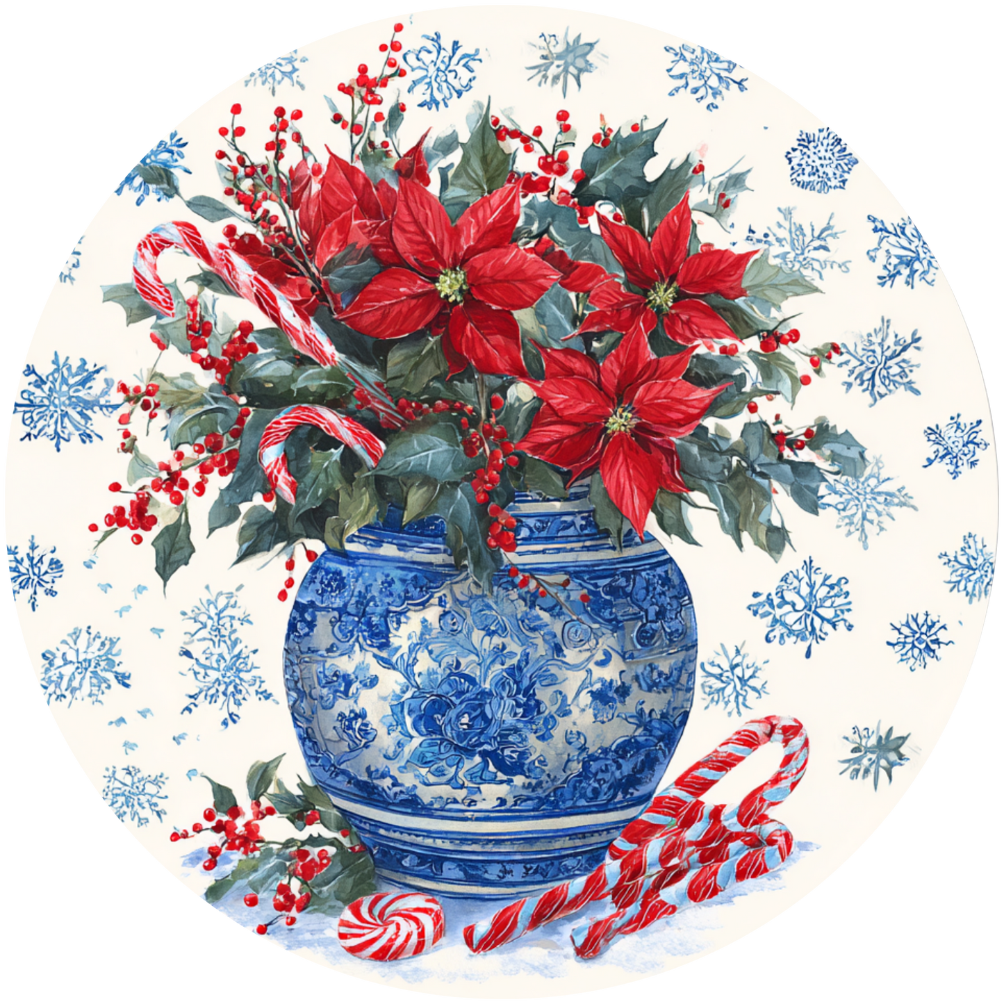 Poinsettias in a Blue and White Vase Accent Sign - Made in USA