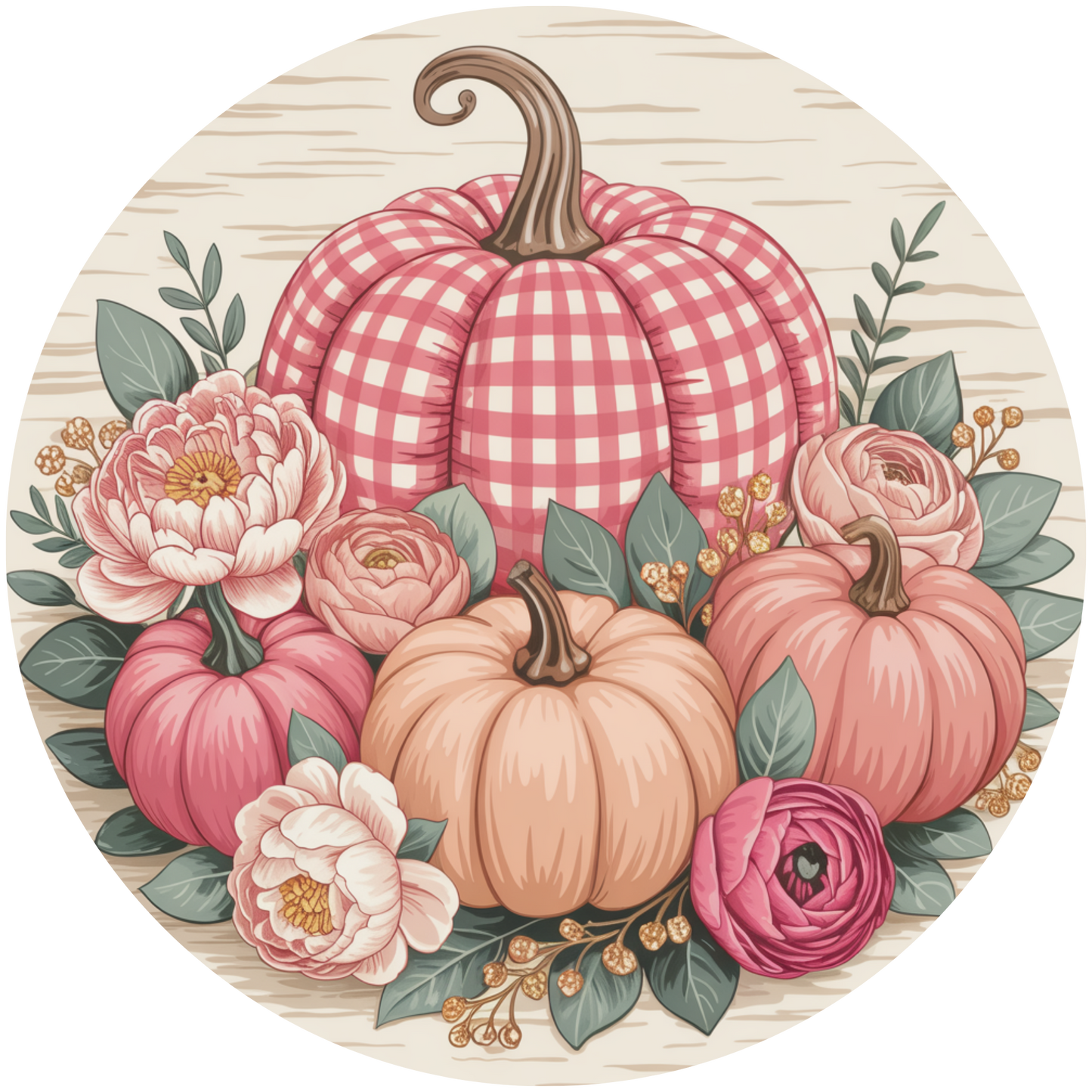 Pink Gingham Pumpkin and Peony Accent Sign - Made in USA
