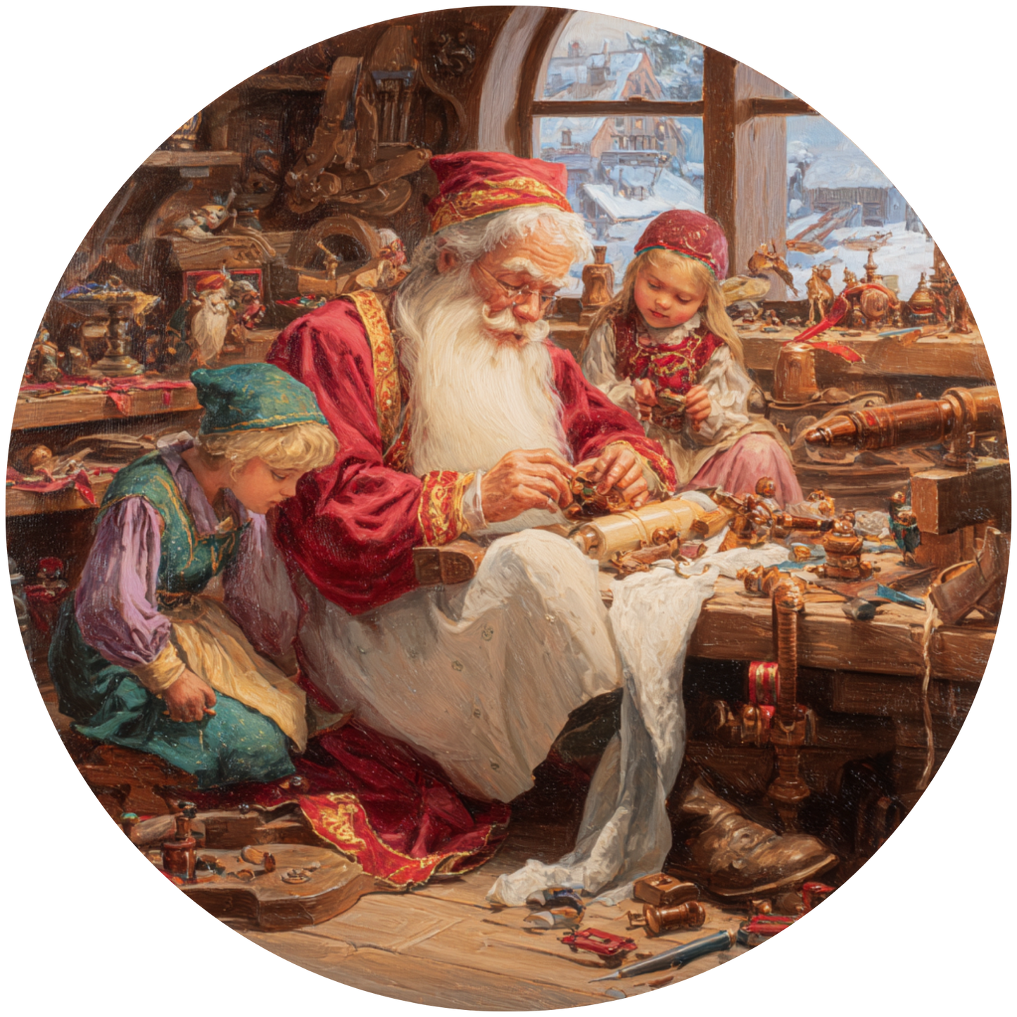 Santa and Elves Building Toys in the Workshop Accent Sign - Made in USA