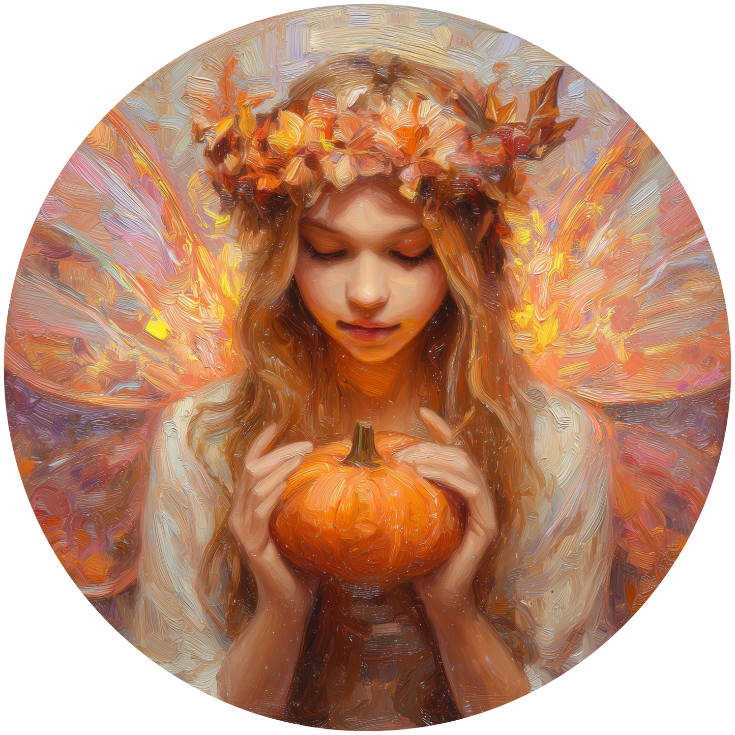 Fall Fairy with Autumn Leaf Crown Holding a Pumpkin Accent Sign - Made in USA