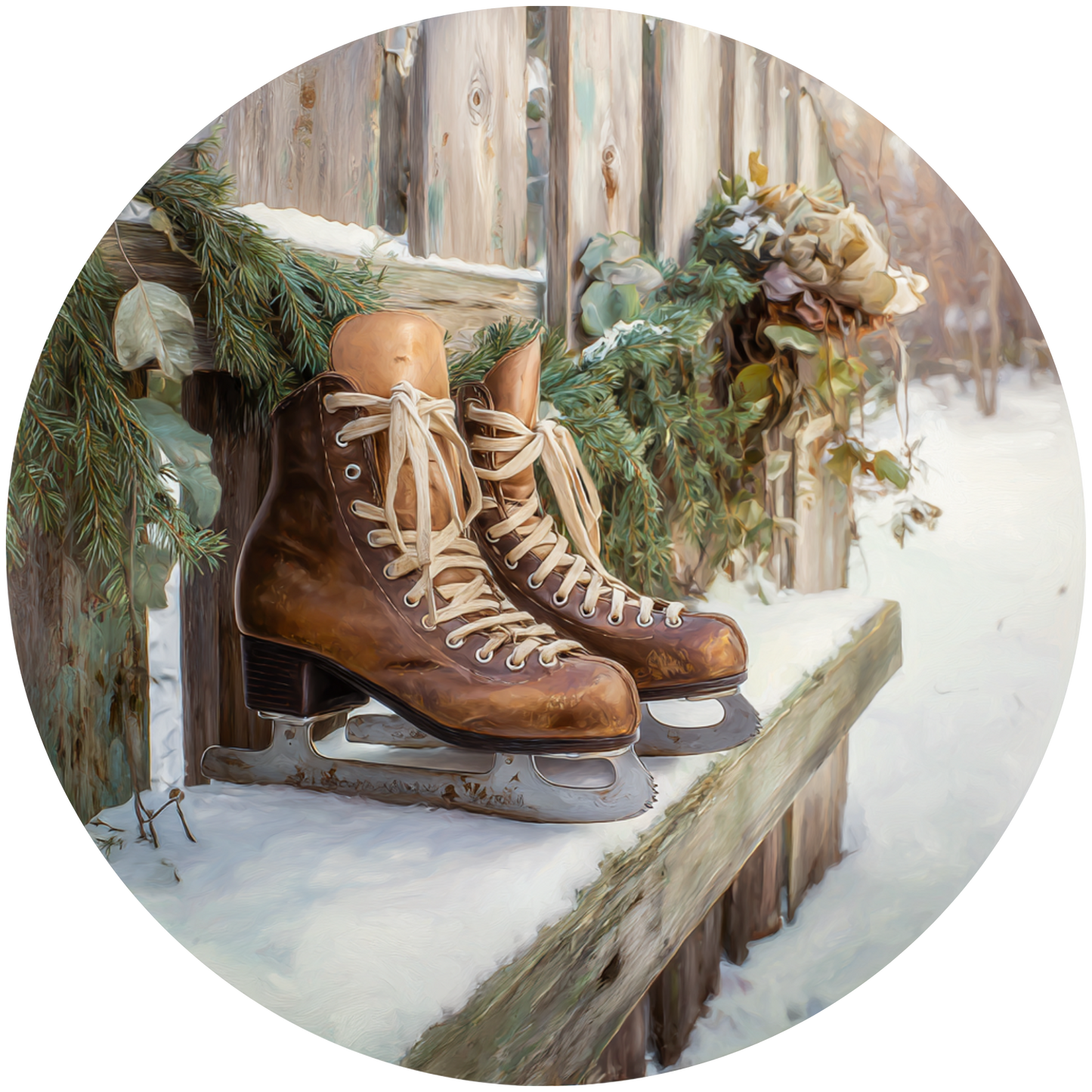 Ice Skates on a Bench with Pine Accent Sign - Made in USA