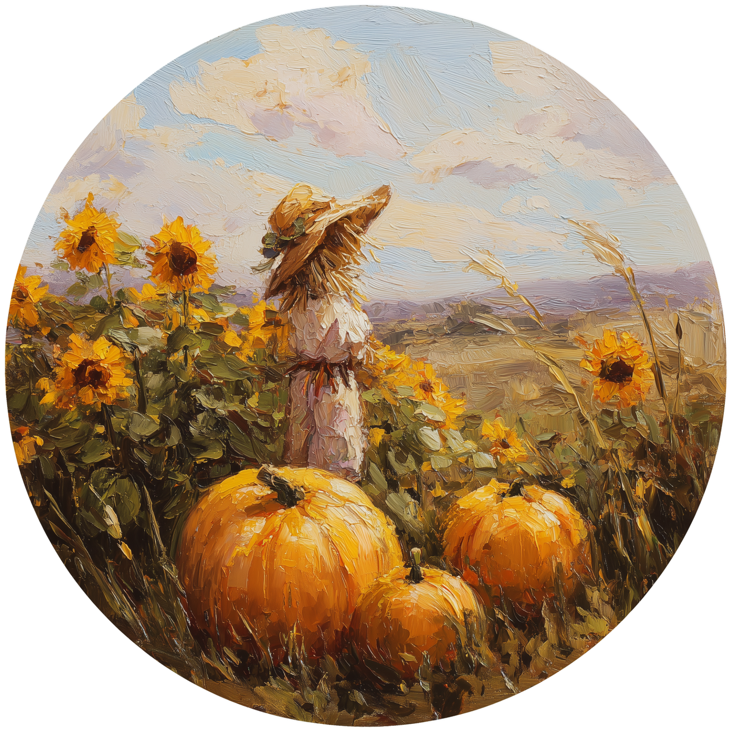 Scarecrow and Pumpkins in a Sunflower Field Accent Sign - Made in USA