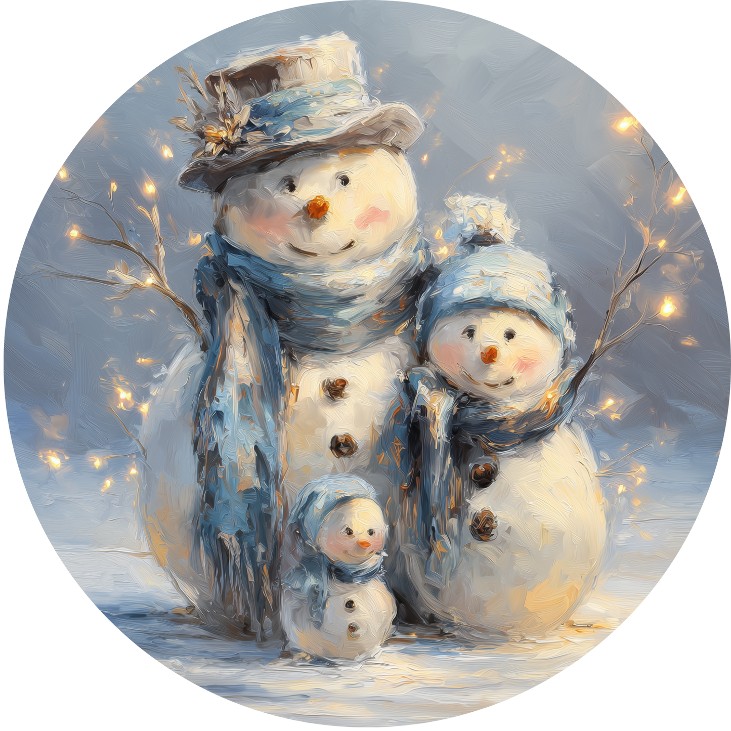 Whimsical Snowman Family in Blue Scarves with Fairy Lights Accent Sign - Made in USA