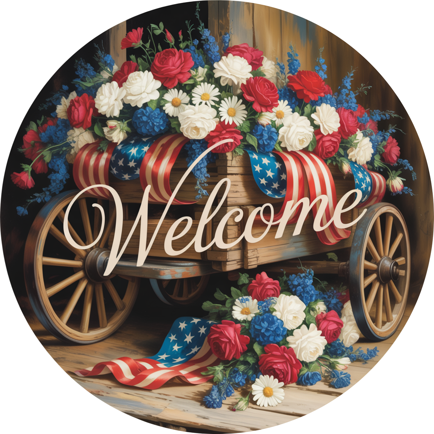 Patriotic Wagon Welcome American Flag with Flowers Accent Sign - Made in USA