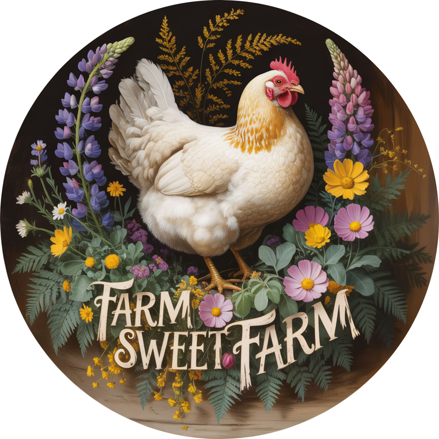 Farm with White Chicken and Wildflowers Accent Sign - Made in USA