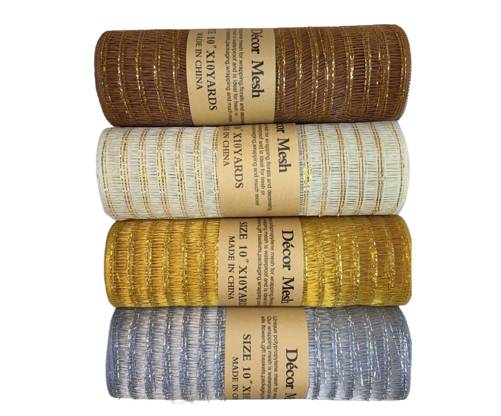 10 Inch x 10 Yards - Deco Mesh Laser Eyelash Silver, Old Gold, Ivory & Light Gold - Pack Of 4