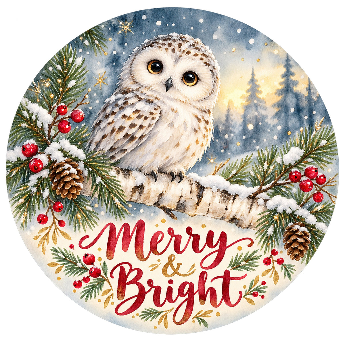 Merry and Bright Owl Metal / Vinyl Sign - Made in USA