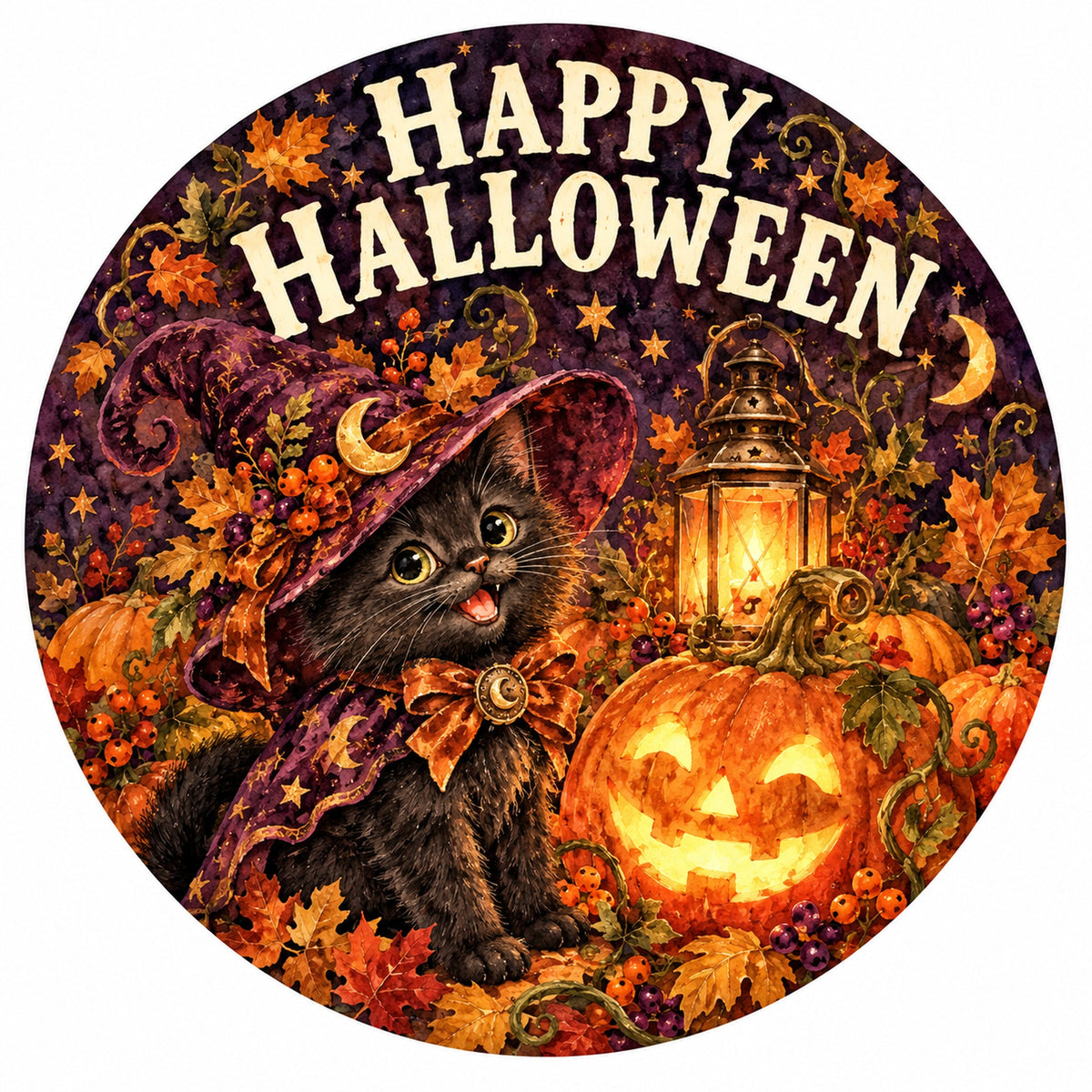 Happy Halloween Witch Cat Metal / Vinyl Sign - Made in USA